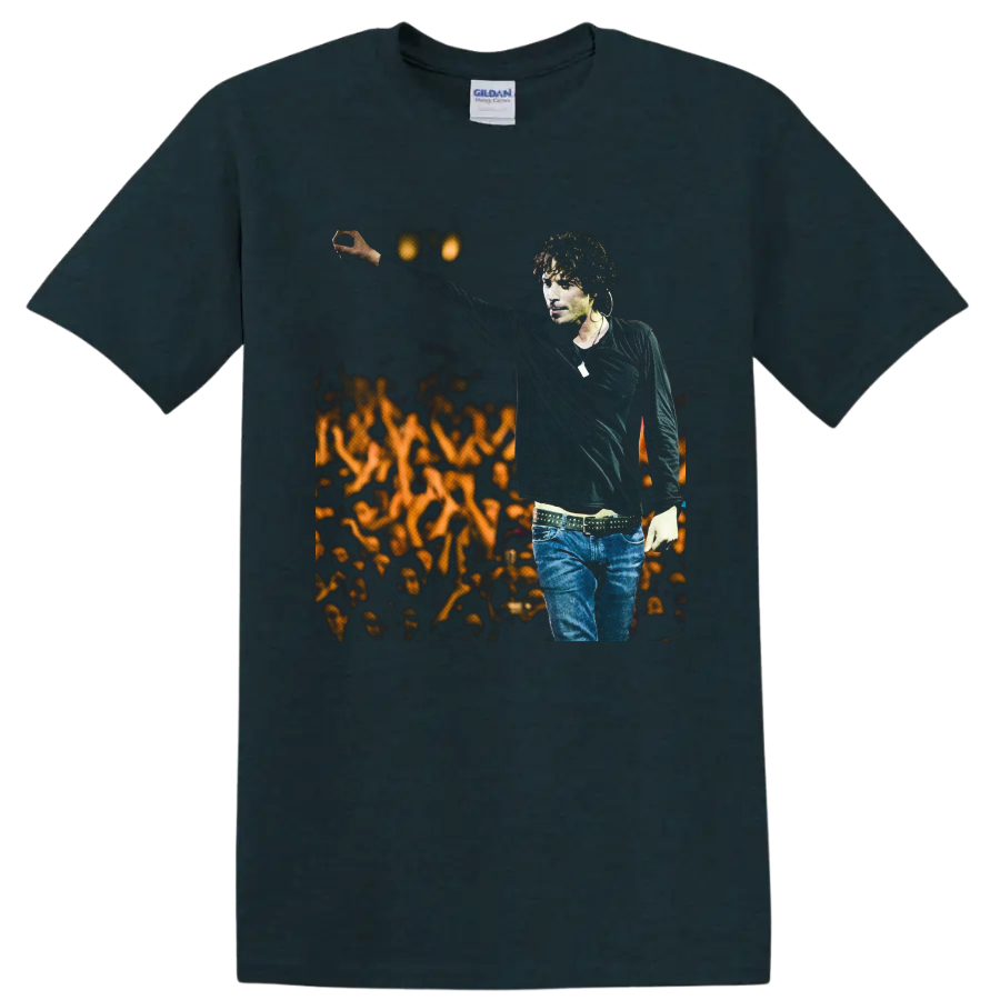 Chris Cornell live concert portrait with raised arm and glowing crowd backdrop on a Midnight (Green) T Shirt