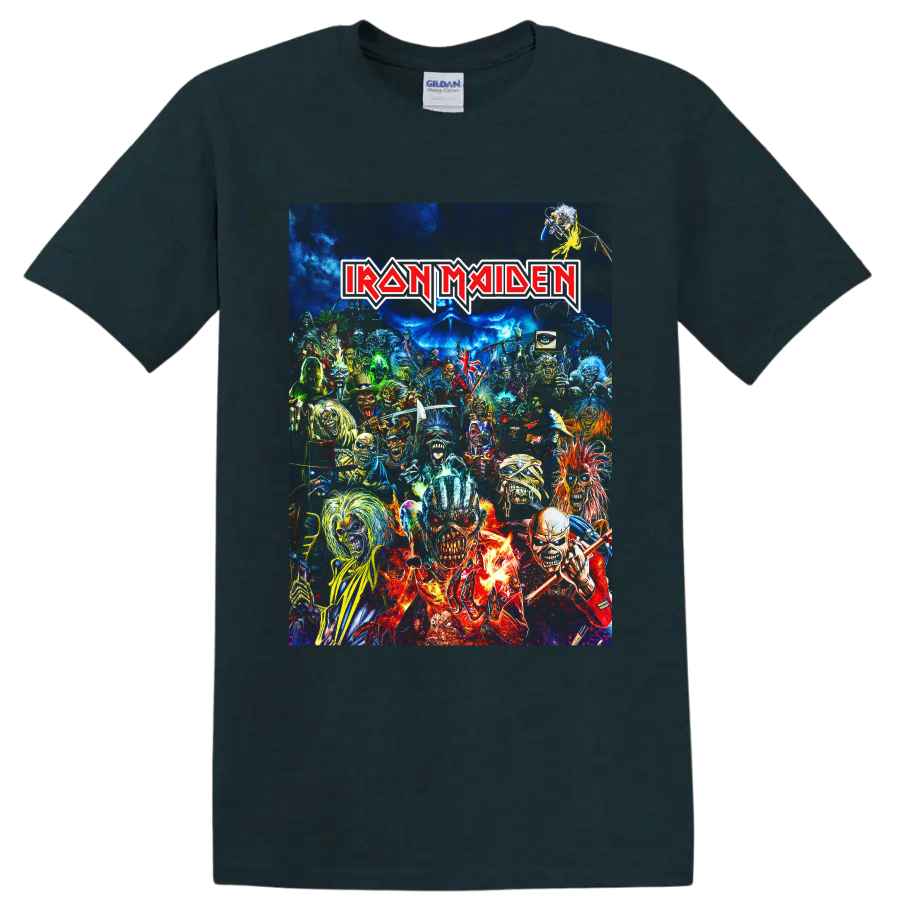 Iron Maiden Eddie the Head heavy metal collage with band logo and vivid horror artwork on a Midnight (Green) T Shirt
