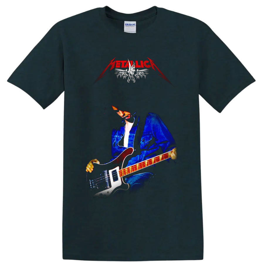 Cliff Burton playing bass in a dramatic Metallica tribute graphic on a Midnight (Green) T Shirt