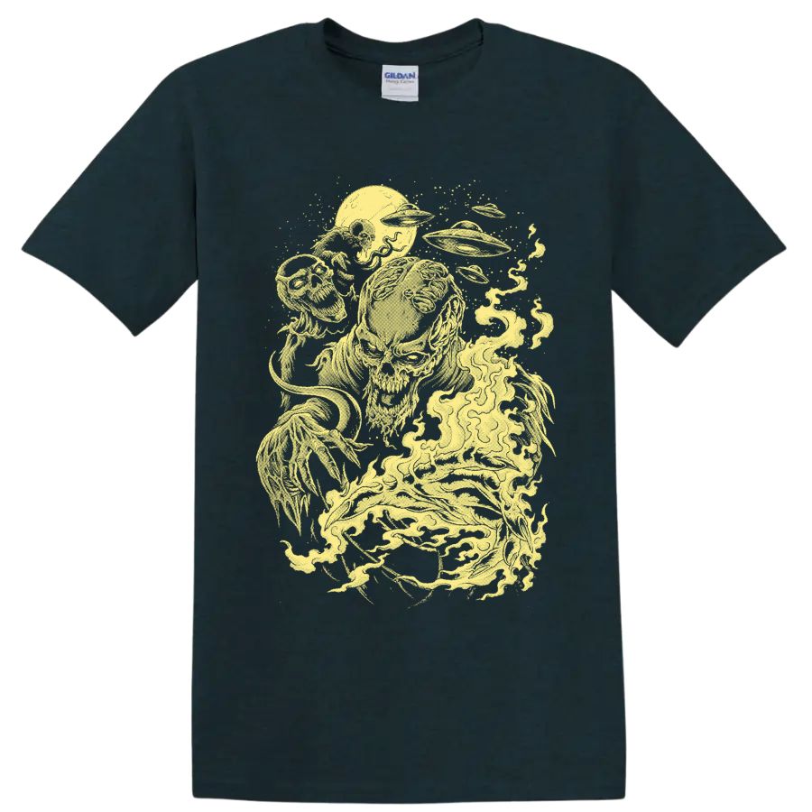 Pale-yellow alien zombie horror illustration with skull-like creatures and a flying saucer on a Midnight (Green) T Shirt