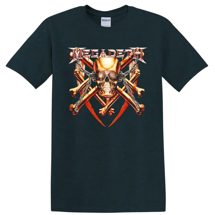 Megadeth Vic Rattlehead armored skull with chains, crossed bones, and red blades on a Midnight (Green) T Shirt