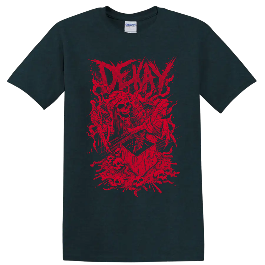 Distressed red Dekay skeleton graphic with splatter and angular rock-metal artwork on a Midnight (Green) T Shirt