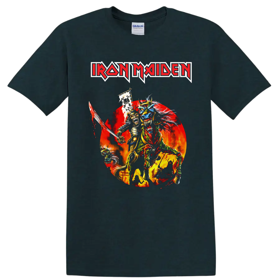 Iron Maiden Eddie the Head samurai warrior graphic with sword and fiery backdrop on a Midnight (Green) T Shirt