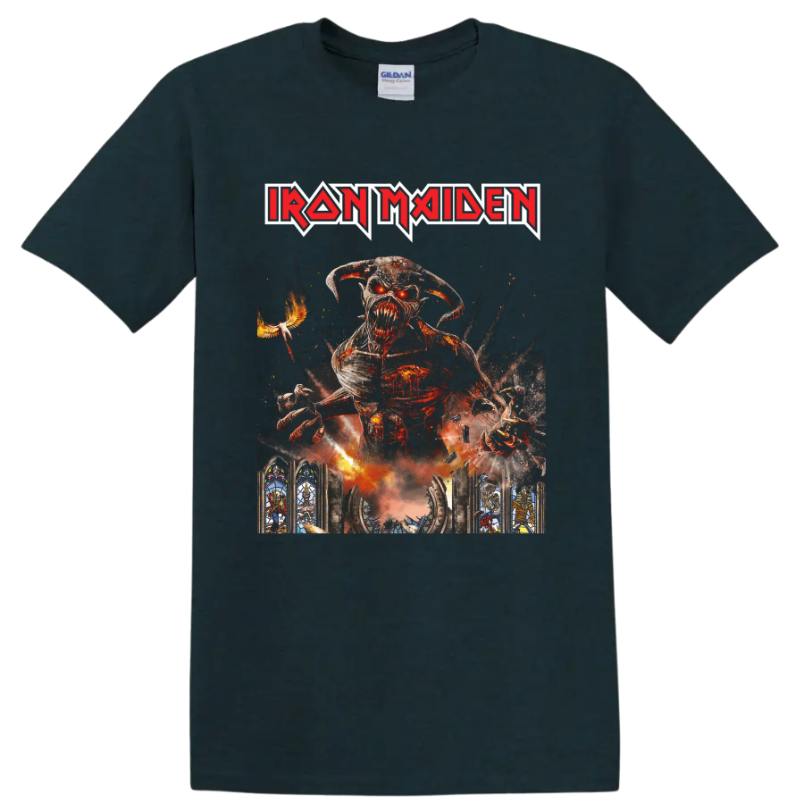 Iron Maiden Eddie the Head in fiery gothic Legacy of the Beast-inspired artwork on a Midnight (Green) T Shirt