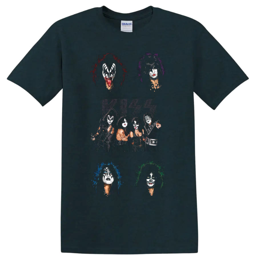 KISS original lineup portrait collage with logo and colorful paint-splatter halos on a Midnight (Green) T Shirt
