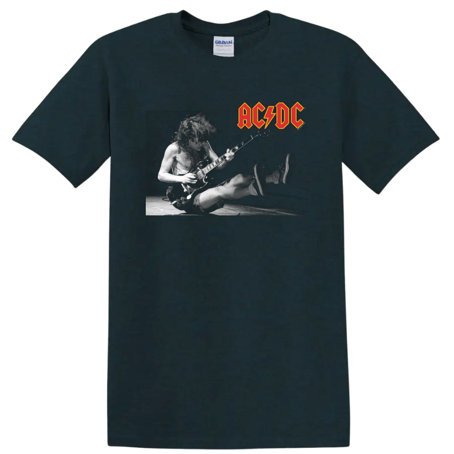 Angus Young playing guitar in a black-and-white live AC/DC concert design with band logo on a Midnight (Green) T Shirt