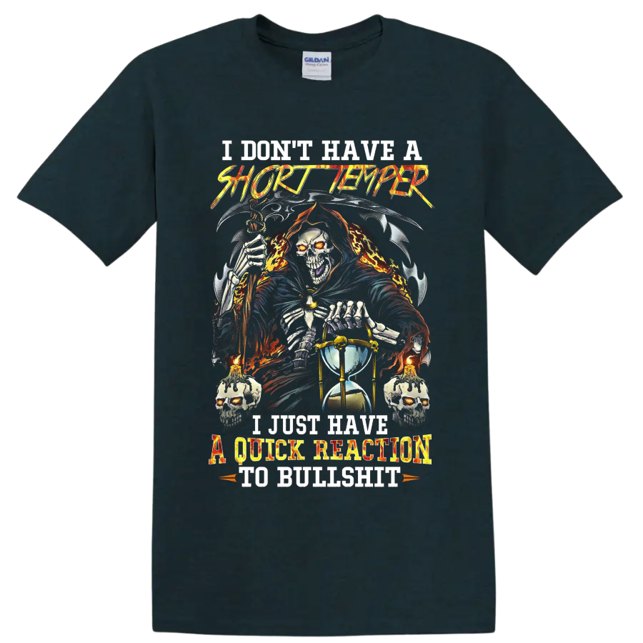 Grim Reaper with scythe, hourglass, skulls, and sarcastic gothic quote on a Midnight (Green) T Shirt