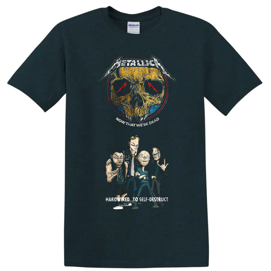 Metallica Now That We're Dead distressed skull and illustrated band graphic on a Midnight (Green) T Shirt