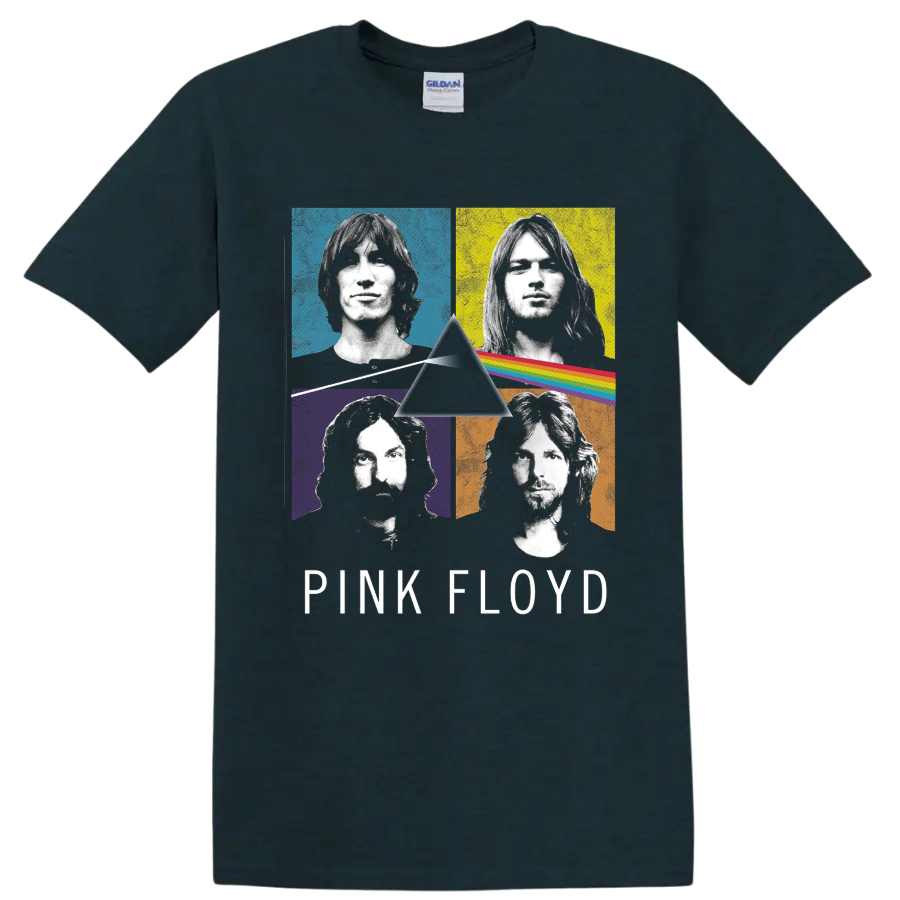 Pink Floyd member portraits with Dark Side of the Moon prism and rainbow graphic on a Midnight (Green) T Shirt