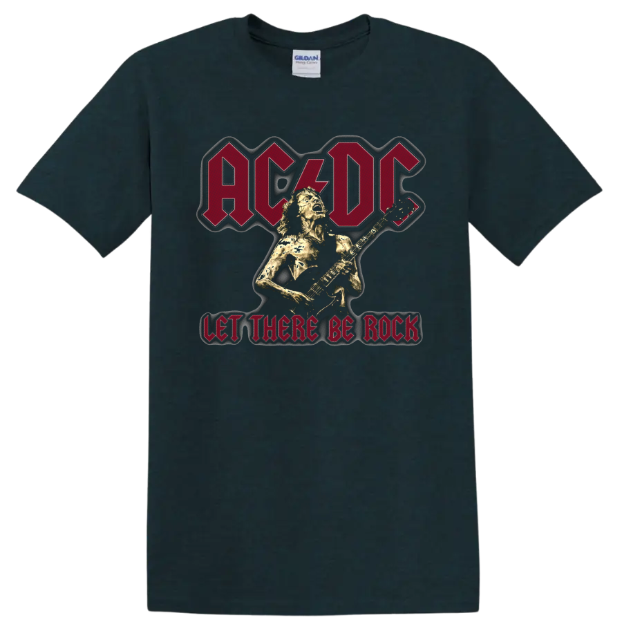 AC/DC Let There Be Rock graphic with Angus Young playing electric guitar on a Midnight (Green) T Shirt