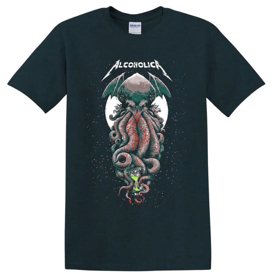 Alcoholica Cthulhu horror metal graphic with winged tentacles and hourglass on a Midnight (Green) T Shirt
