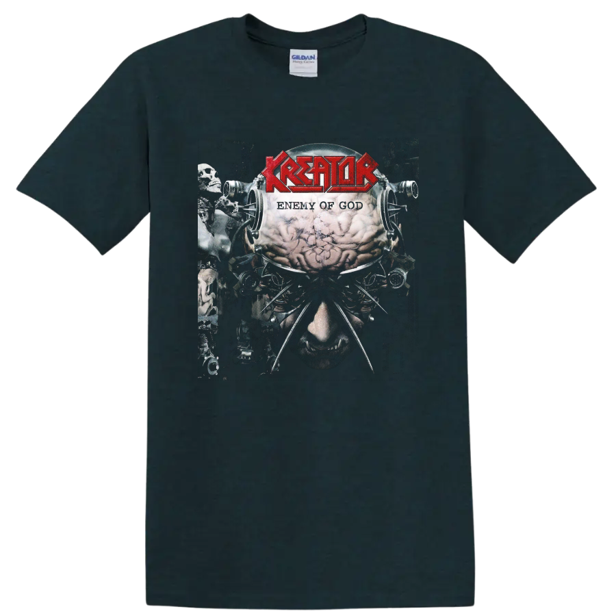 Kreator Enemy of God album art with red logo, brain, skulls, and mechanical horror imagery on a Midnight (Green) T Shirt