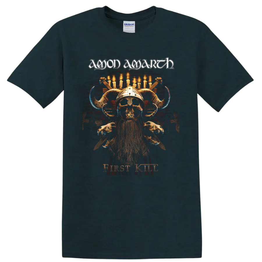 Amon Amarth First Kill Viking skull warrior graphic with horned helmet and candles on a Midnight (Green) T Shirt