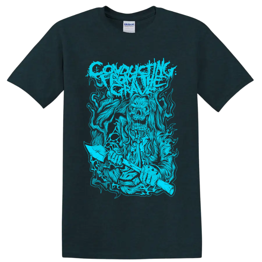 Conducting From the Grave distressed cyan metal band logo graphic on a Midnight (Green) T Shirt