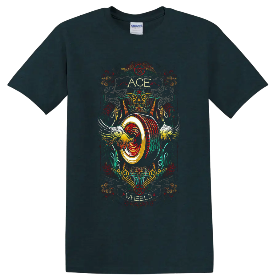 Ace Wheels distressed rockabilly winged wheel and pentagram custom-culture graphic on a Midnight (Green) T Shirt