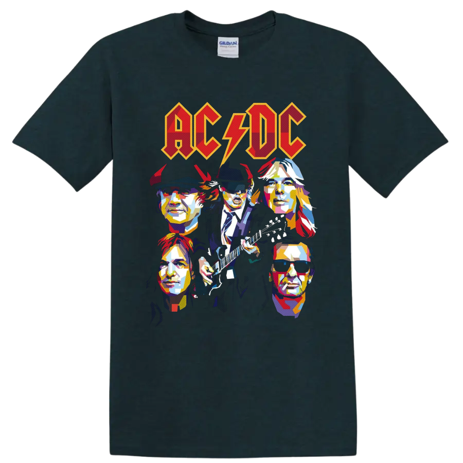 AC/DC pop-art band portraits with Angus Young playing guitar beneath lightning-bolt logo on a Midnight (Green) T Shirt