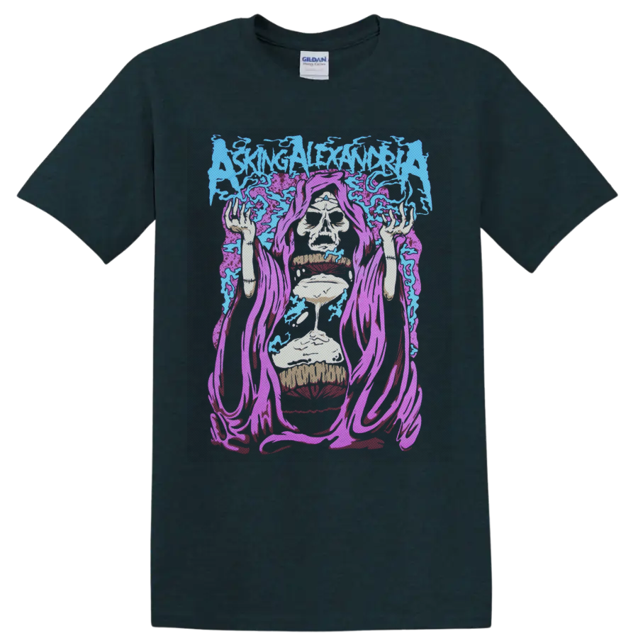 Asking Alexandria logo above purple-robed skull reaper with dripping hourglass on a Midnight (Green) T Shirt