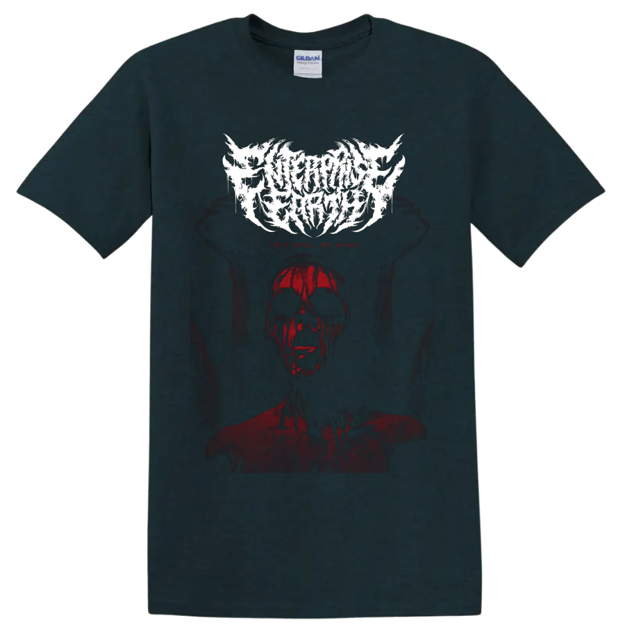 Enterprise Earth logo above a distressed red skull-like figure and This Hell My Home text on a Midnight (Green) T Shirt