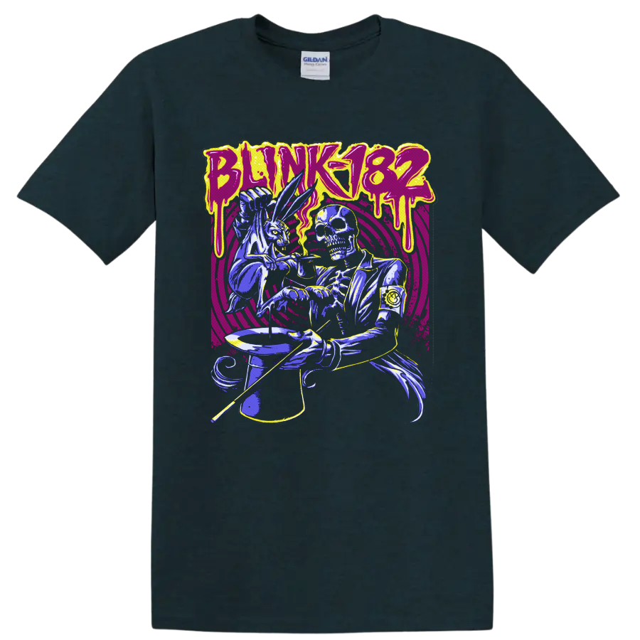 Blink-182 skeleton magician and rabbit with top hat in neon punk-horror art on a Midnight (Green) T Shirt