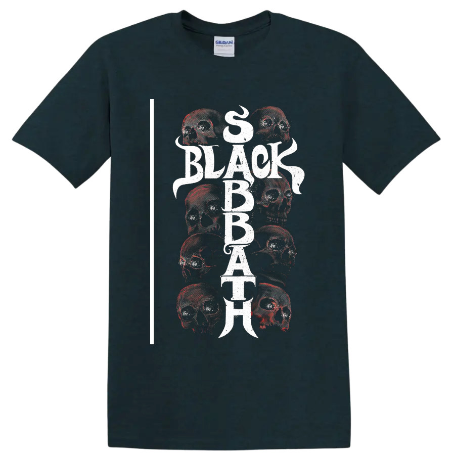 Black Sabbath distressed vertical lettering with layered skull artwork on a Midnight (Green) T Shirt