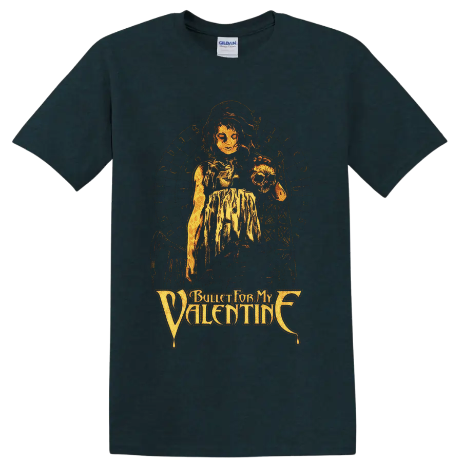 Bullet for My Valentine gothic woman and skull graphic with distressed logo lettering on a Midnight (Green) T Shirt