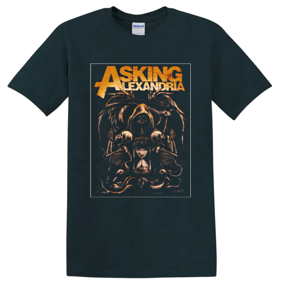 Asking Alexandria distressed gothic graphic with hooded skeleton, skulls, and hourglass on a Midnight (Green) T Shirt