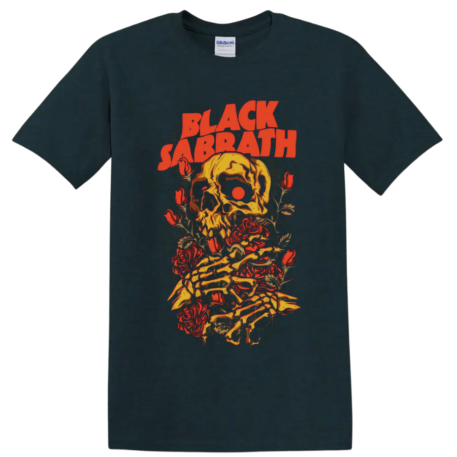 Black Sabbath vintage skull and red roses graphic with skeletal hands on a Midnight (Green) T Shirt