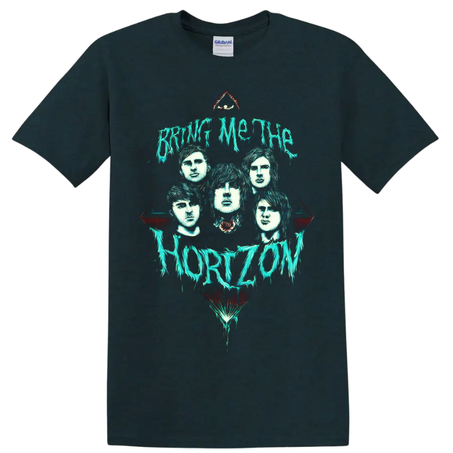 Bring Me the Horizon portraits with dripping turquoise text and gothic eye motif on a Midnight (Green) T Shirt