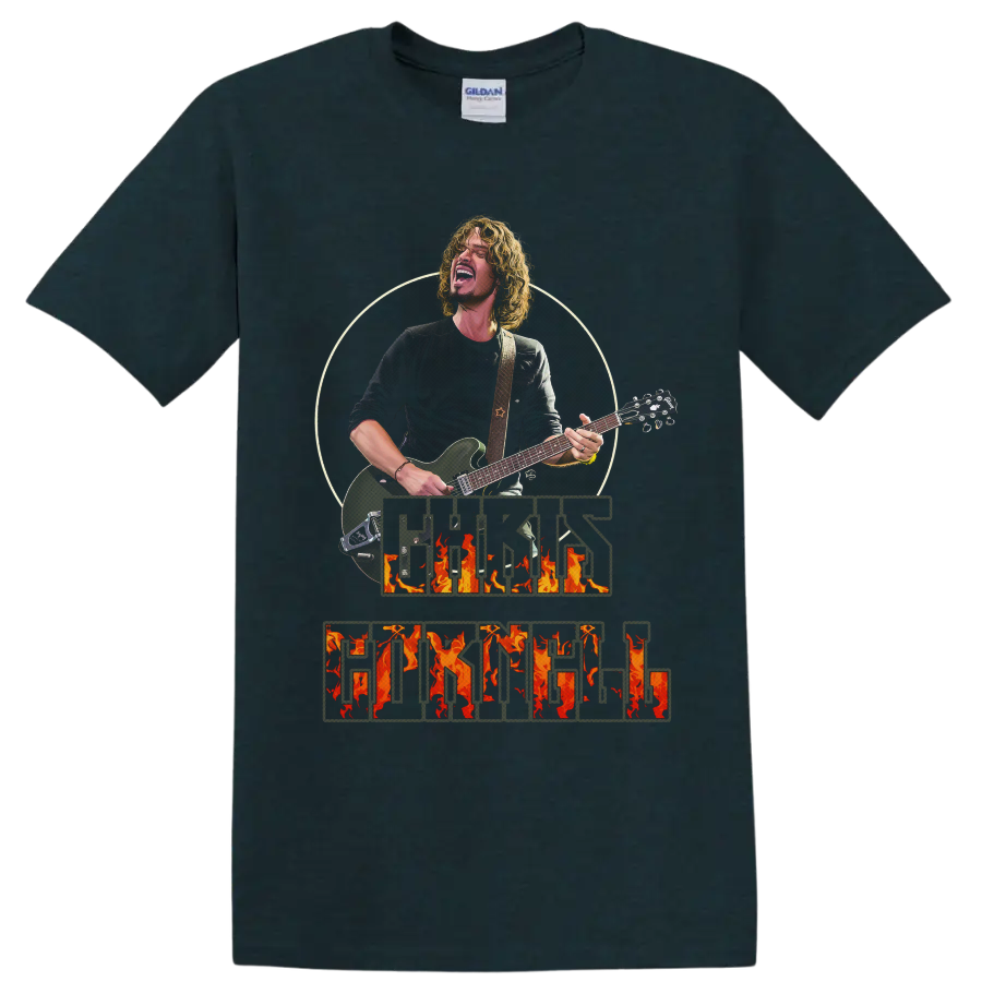Chris Cornell guitar performance portrait with distressed flaming name lettering on a Midnight (Green) T Shirt