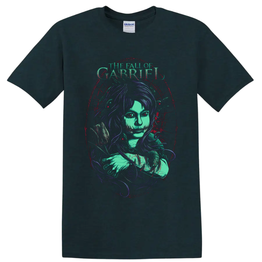 The Fall of Gabriel gothic woman with rose in distressed teal, purple, and red art on a Midnight (Green) T Shirt