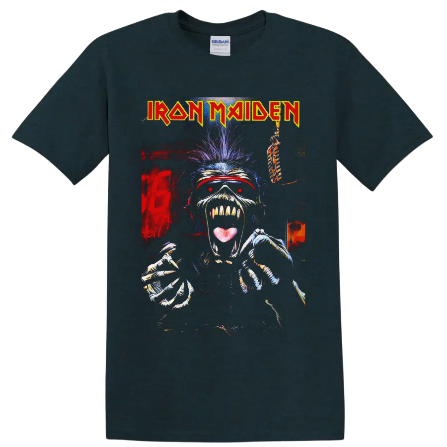 Iron Maiden Eddie the Head skeletal horror-metal graphic with band logo on a Midnight (Green) T Shirt