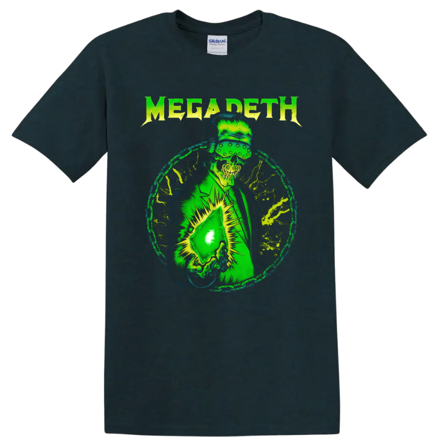 Megadeth Vic Rattlehead neon green distressed metal graphic with visor and glowing object on a Midnight (Green) T Shirt