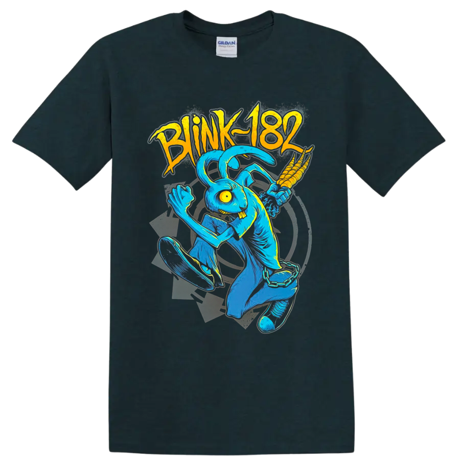 Blink-182 blue rabbit mascot skateboarding in vivid retro punk comic art on a Midnight (Green) T Shirt