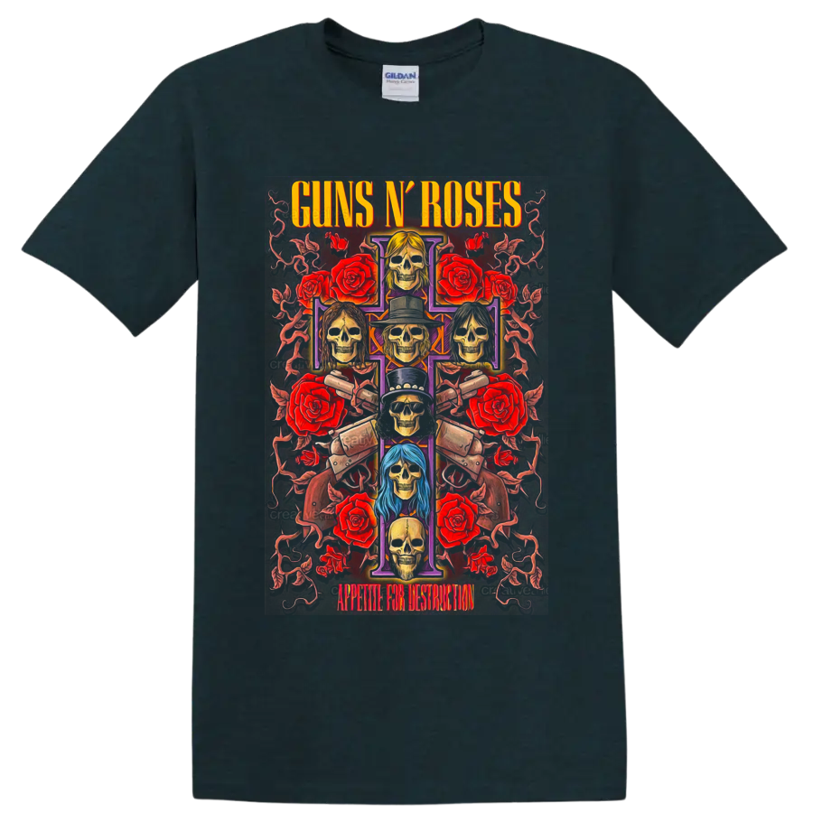 Guns N' Roses Appetite for Destruction skull cross with roses and pistols on a Midnight (Green) T Shirt