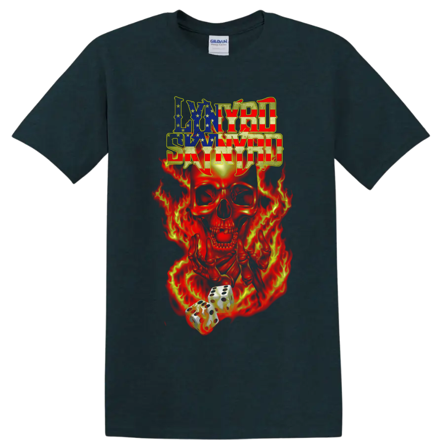 Lynyrd Skynyrd American flag lettering with flaming skull and dice graphic on a Midnight (Green) T Shirt