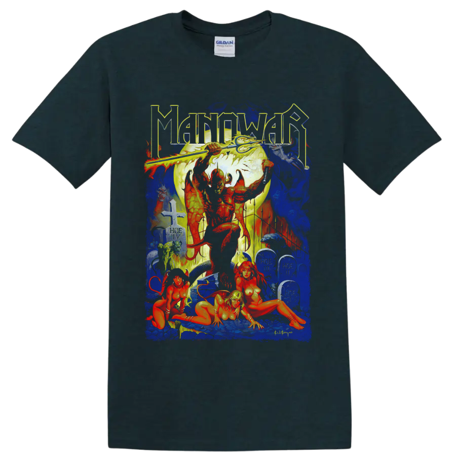 Manowar Hell on Earth IV heavy metal fantasy warrior and cemetery graphic on a Midnight (Green) T Shirt