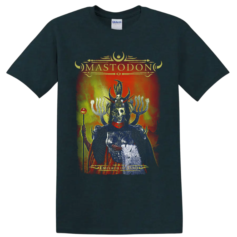 Mastodon Emperor of Sand distressed album art with skeletal horned ruler and fiery on a Midnight (Green) T Shirt
