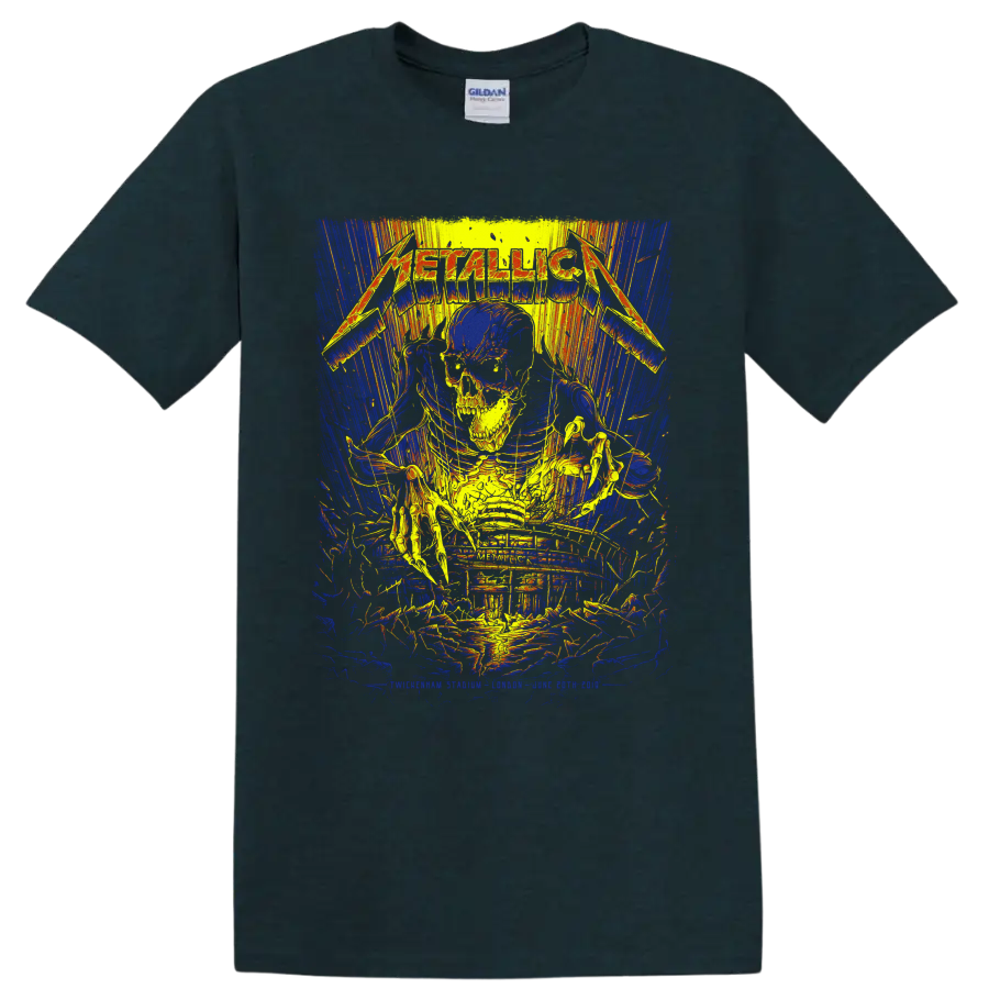 Metallica logo over a skull and skeleton in distressed neon concert-poster artwork on a Midnight (Green) T Shirt