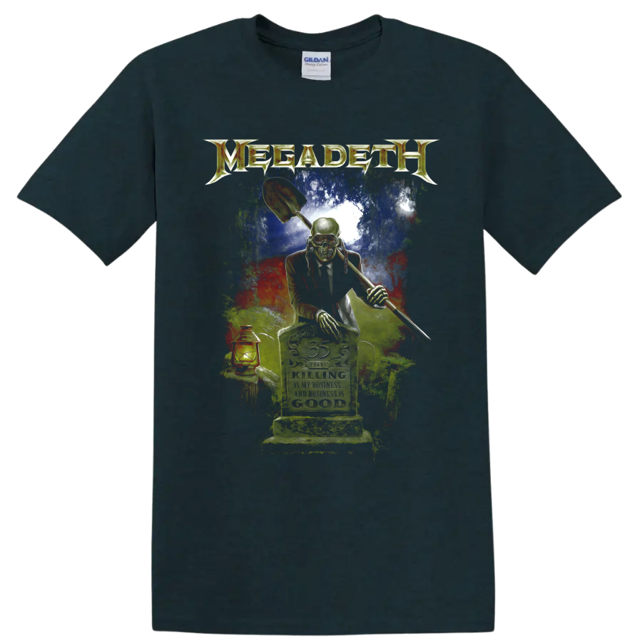 Megadeth Vic Rattlehead graveyard graphic with shovel, lantern, and distressed metal art on a Midnight (Green) T Shirt