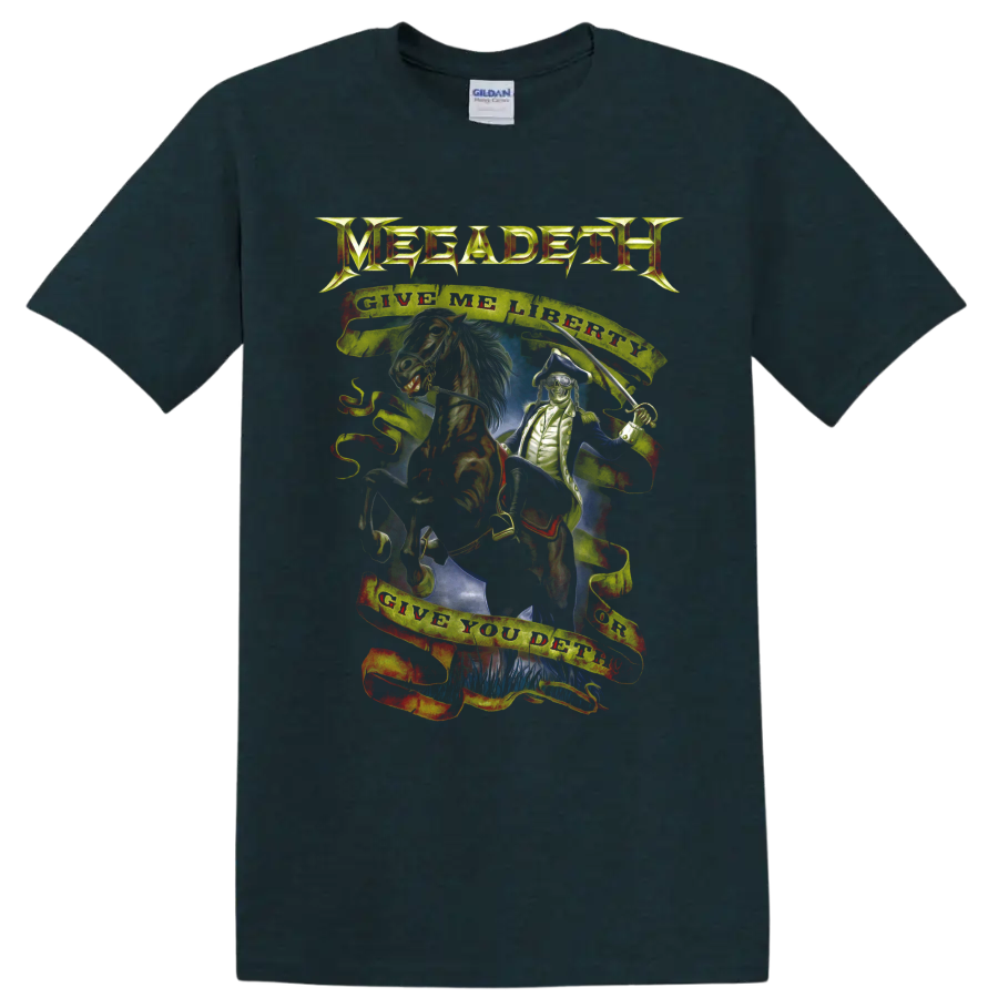 Megadeth Vic Rattlehead horse and saber graphic with Give Me Liberty Give You Deth banners on a Midnight (Green) T Shirt