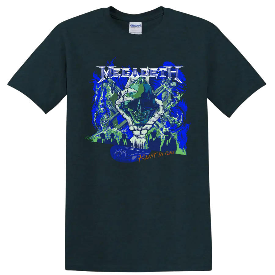 Megadeth Rust in Peace Vic Rattlehead skull heavy metal graphic on a Midnight (Green) T Shirt