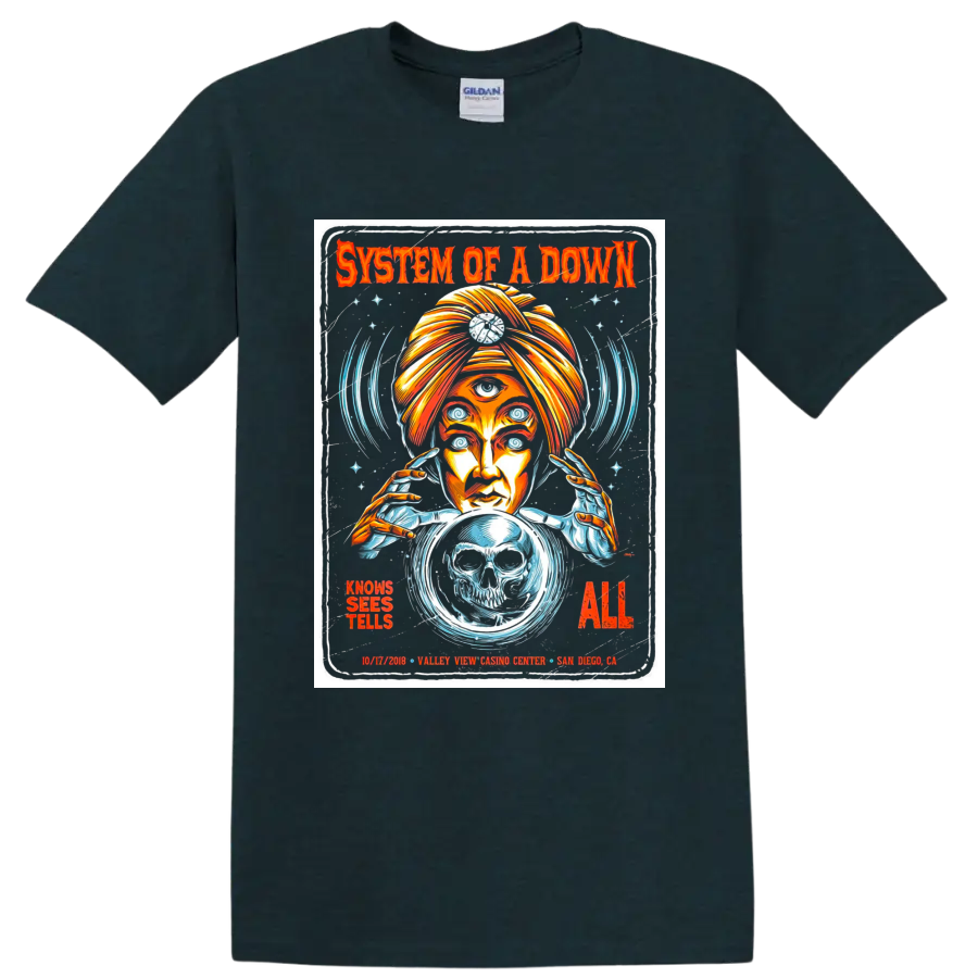 System of a Down concert poster art with psychic, skull crystal ball, and spiral eyes on a Midnight (Green) T Shirt