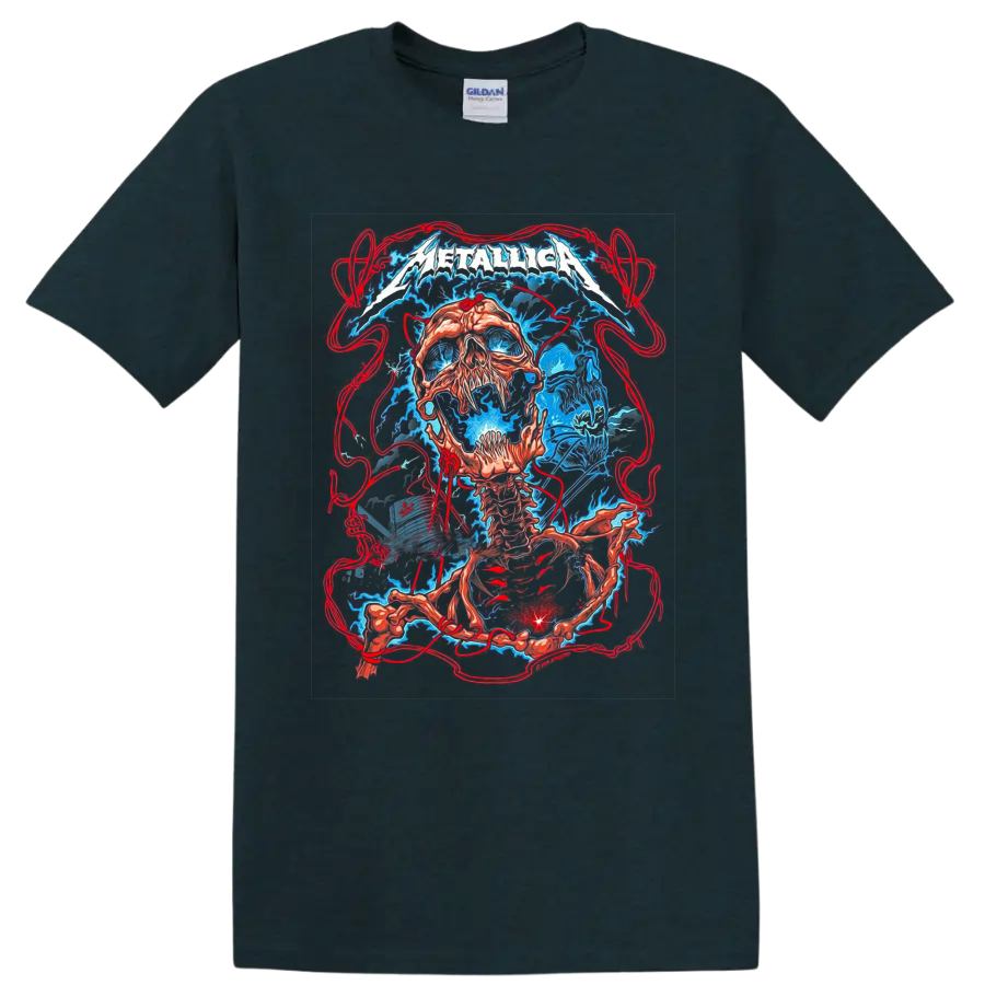 Metallica logo over surreal skull and skeleton concert art with electric blue energy on a Midnight (Green) T Shirt
