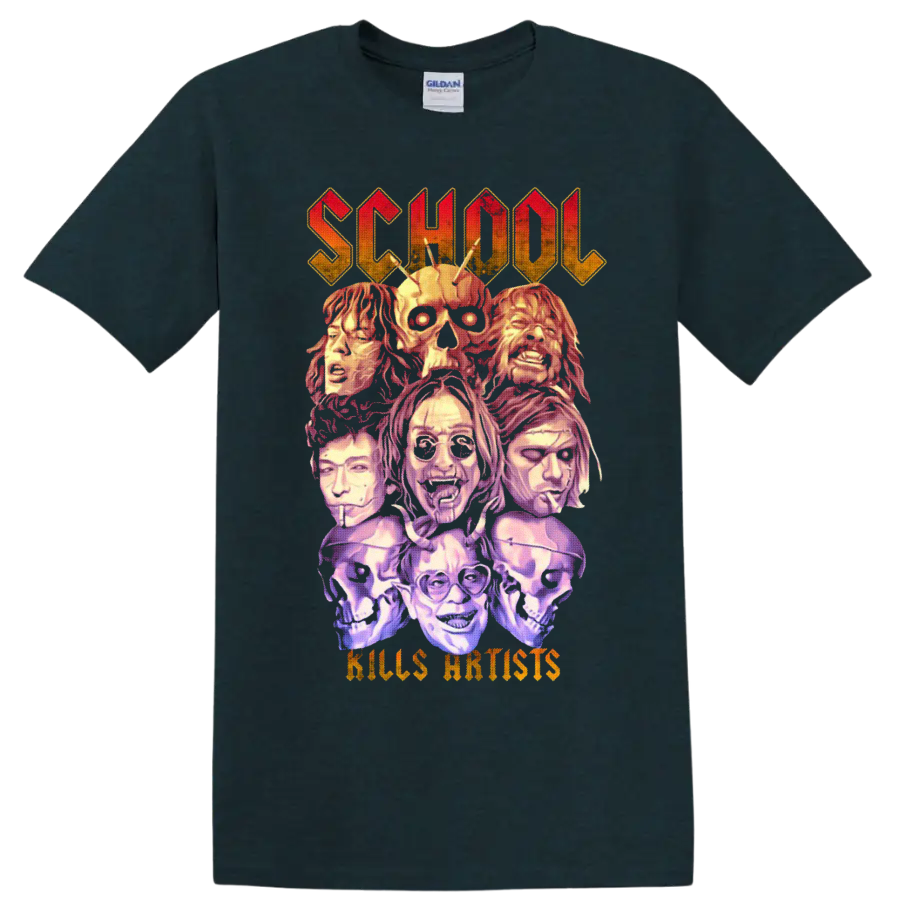 School Kills Artists gothic horror collage with skulls and illustrated faces on a Midnight (Green) T Shirt