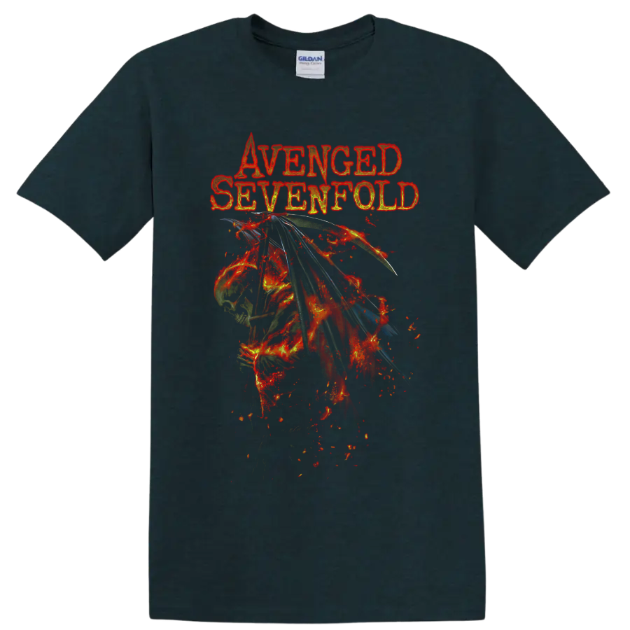 Avenged Sevenfold distressed lettering above fiery winged skeleton metal artwork on a Midnight (Green) T Shirt