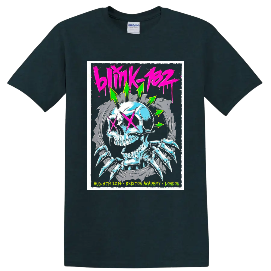 Blink-182 Brixton Academy neon skull concert poster with wings and pink X eyes on a Midnight (Green) T Shirt