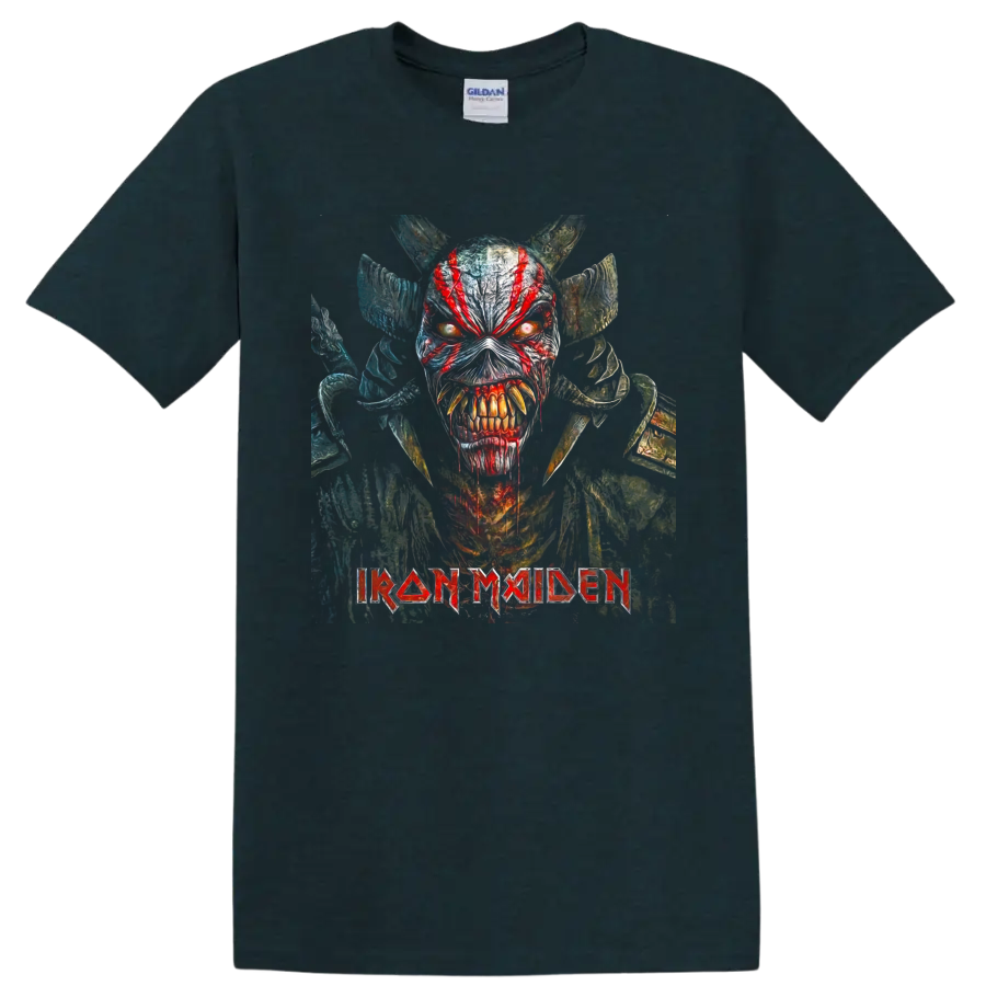 Iron Maiden Eddie horned warrior graphic with glowing eyes and band logo on a Midnight (Green) T Shirt
