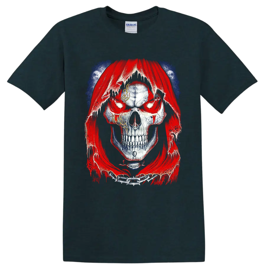 Distressed gothic skull in a tattered red hood with chains and blue accents on a Midnight (Green) T Shirt