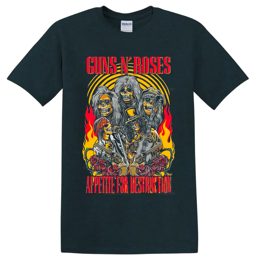Guns N' Roses Appetite for Destruction skeleton band graphic with guitars, roses and on a Midnight (Green) T Shirt