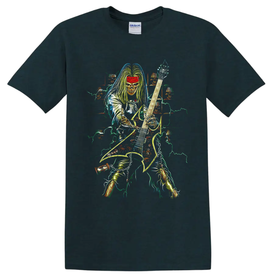 Dimebag Darrell-inspired skeletal guitarist with electric guitar and lightning artwork on a Midnight (Green) T Shirt